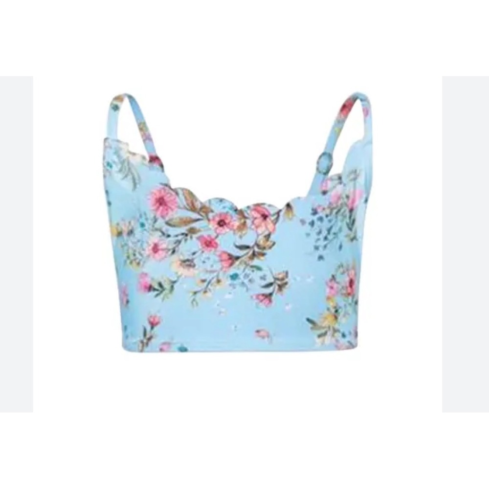 PQ Swim Girls Blue Floral Scalloped Bikini Top Size 16 NWOT